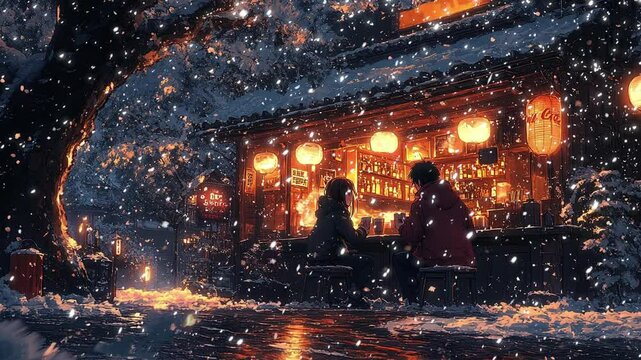 An anime couple enjoys the winter snow outside a cozy cafe, captured in a lo-fi style loop animation.