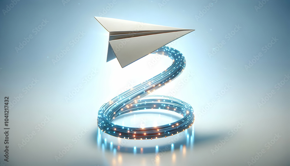 Aufkleber 3d floating paper airplane glowing digital trail concept | sleek 3d icon symbolizing innovation mast