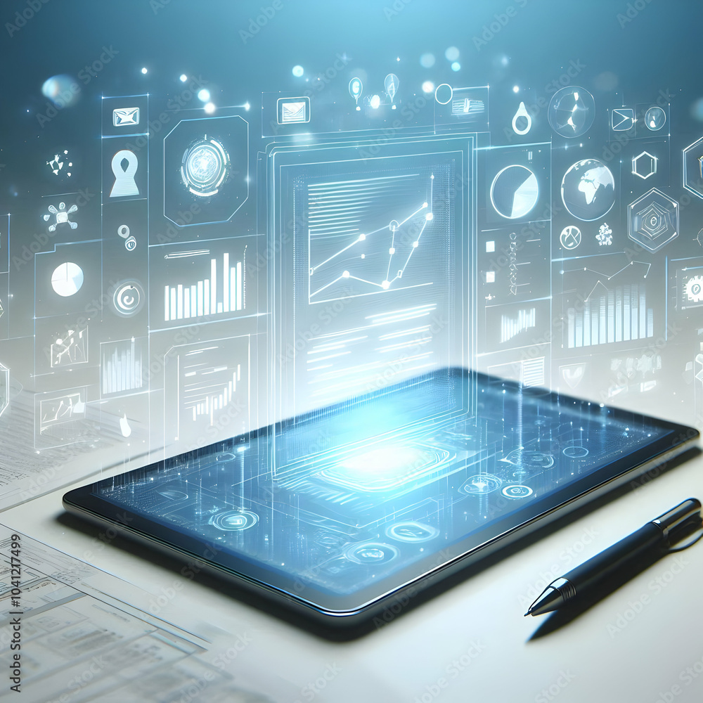 Aufkleber 3d holographic tablet glowing business report interface future office clean white background 3d icon