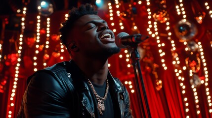 Fototapeta premium A man in a leather jacket sings into a microphone under red lights.