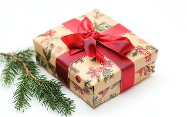 Obraz premium A beautifully wrapped gift box with a red ribbon and bow, placed beside a pine branch. 
