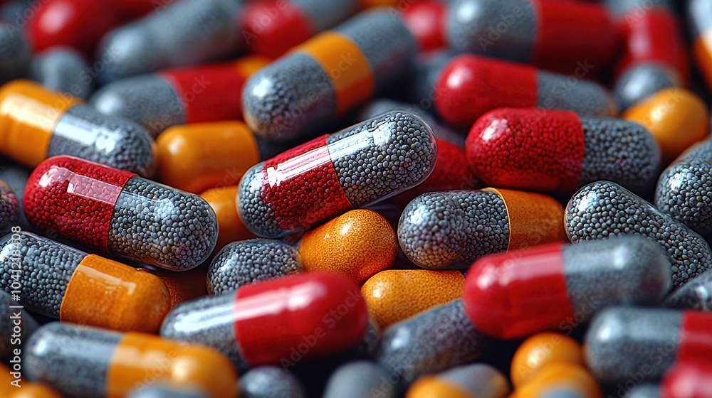 Poster colorful capsules and pills scattered across a surface showcasing various shapes and sizes in a clos