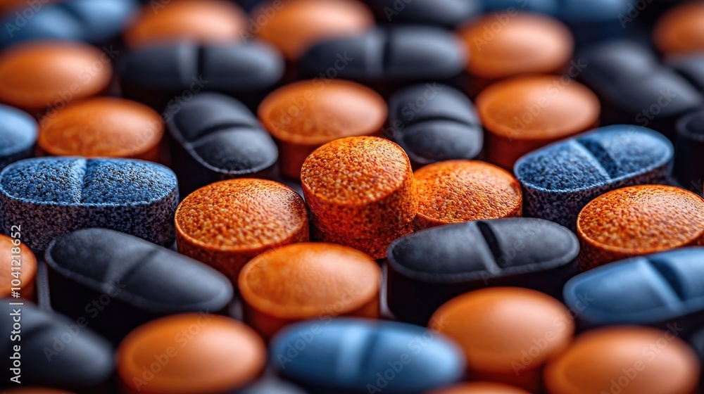 Poster close-up of colorful tablets and capsules scattered on a surface representing various medications an
