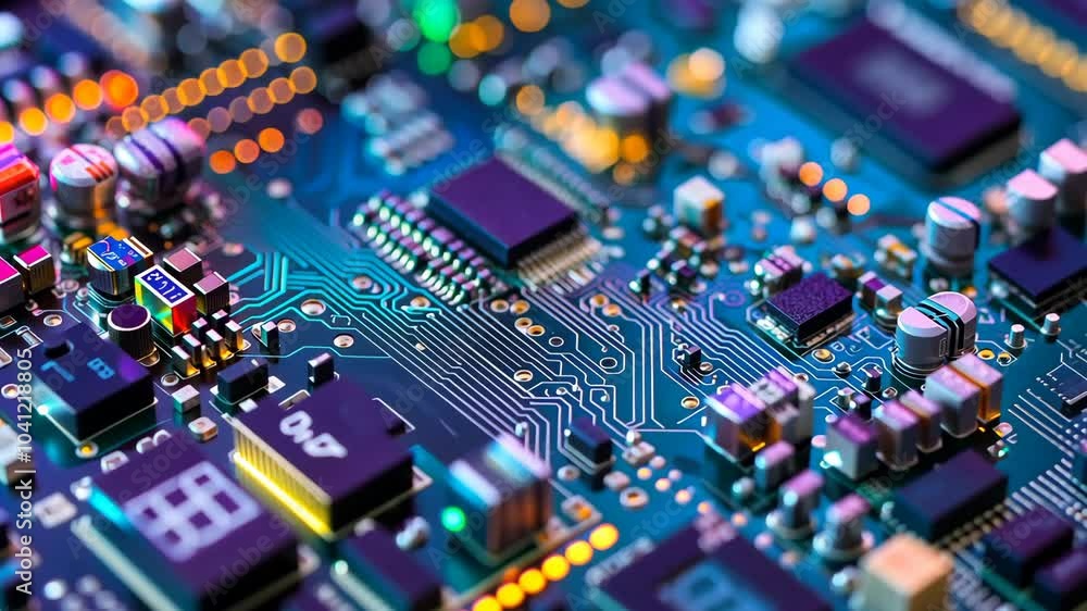 Poster a close-up of a circuit board, showcasing intricate pathways and electronic components