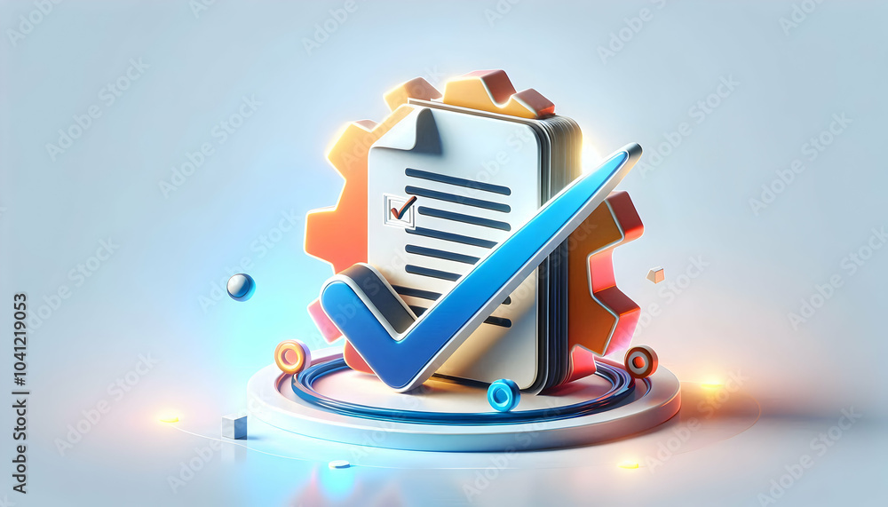 Poster 3d floating checkmark glowing document icon mastery task completion productivity innovation project 