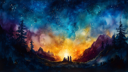 A dreamy watercolor painting of the Nativity, where the delicate strokes blend the colors of the stable, with the baby Jesus radiating light, surrounded by soft hues of blue and purple representing