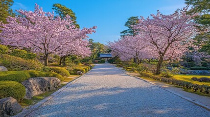Fototapeta premium Serene Cherry Blossom Pathway in Japanese Garden