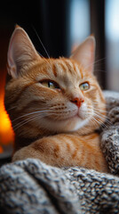 Content Orange Cat Lounging by Fireplace Embracing Warmth and Comfort at Home