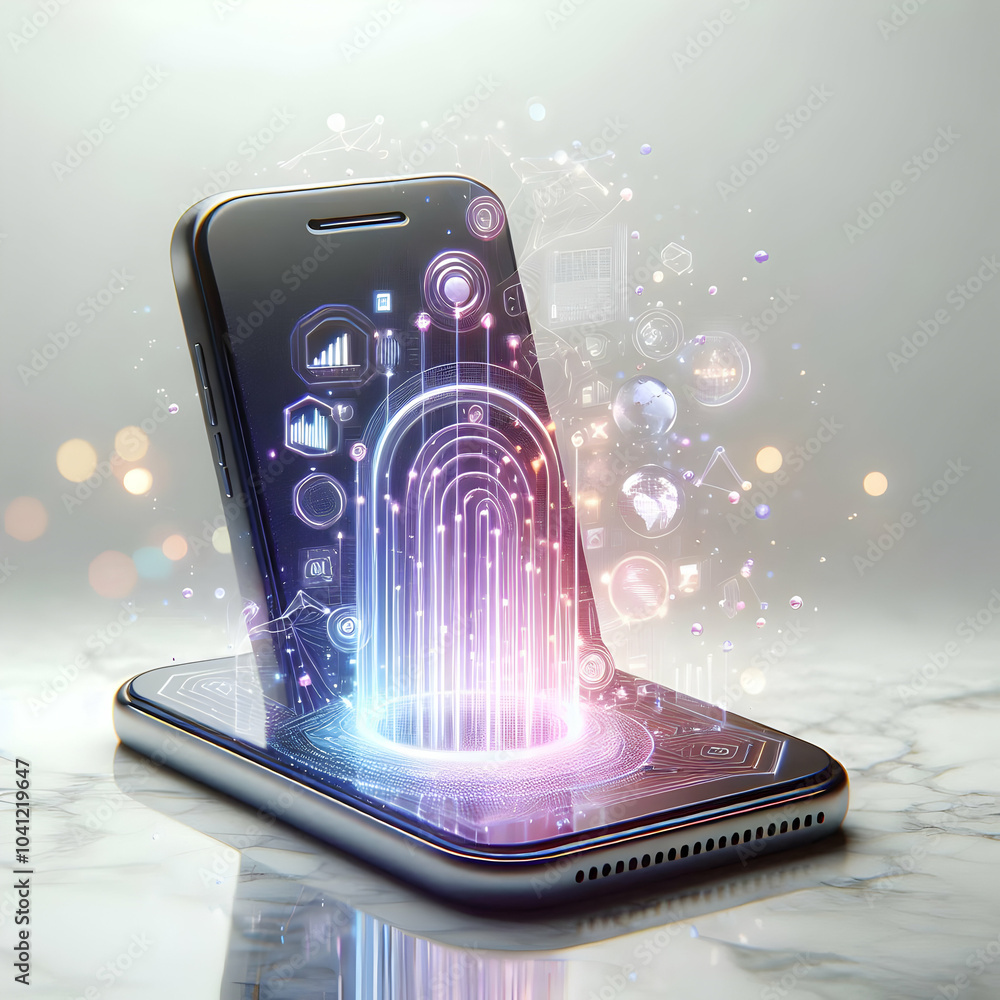 Poster 3d smartphone holographic elements data streams concept glossy device marble surface projecting upwa