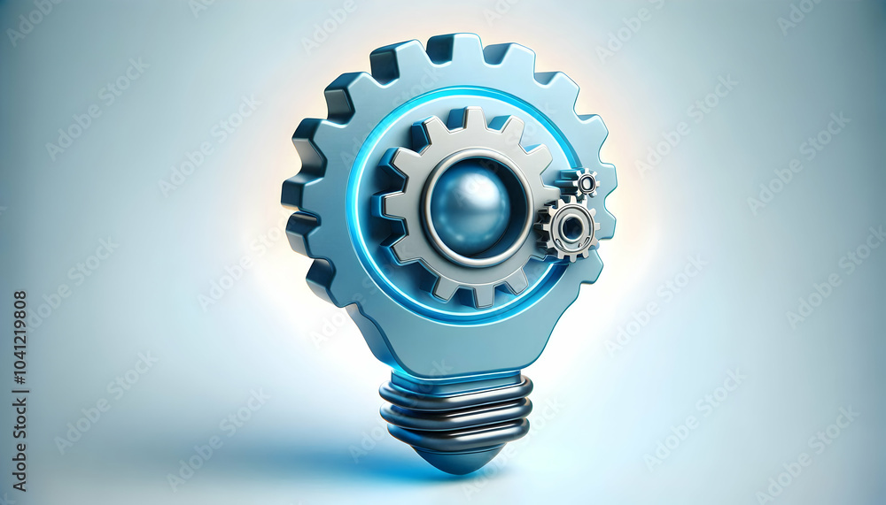 Poster 3d floating lightbulb glowing gear icon concept innovation mastery idea generation technical process