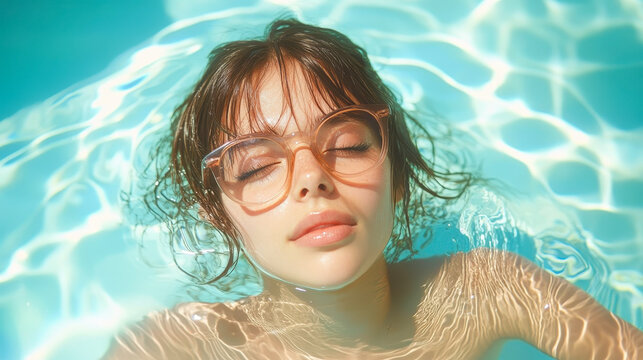 Serene Young Woman Relaxing with Glasses in Sunlit Pool Water, Concept of Tranquility