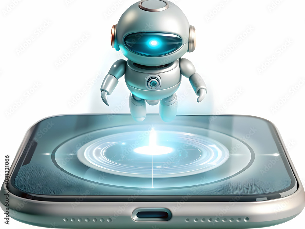 Poster holographic ai assistant above smartphone glossy image mobile ai customer support with copy space