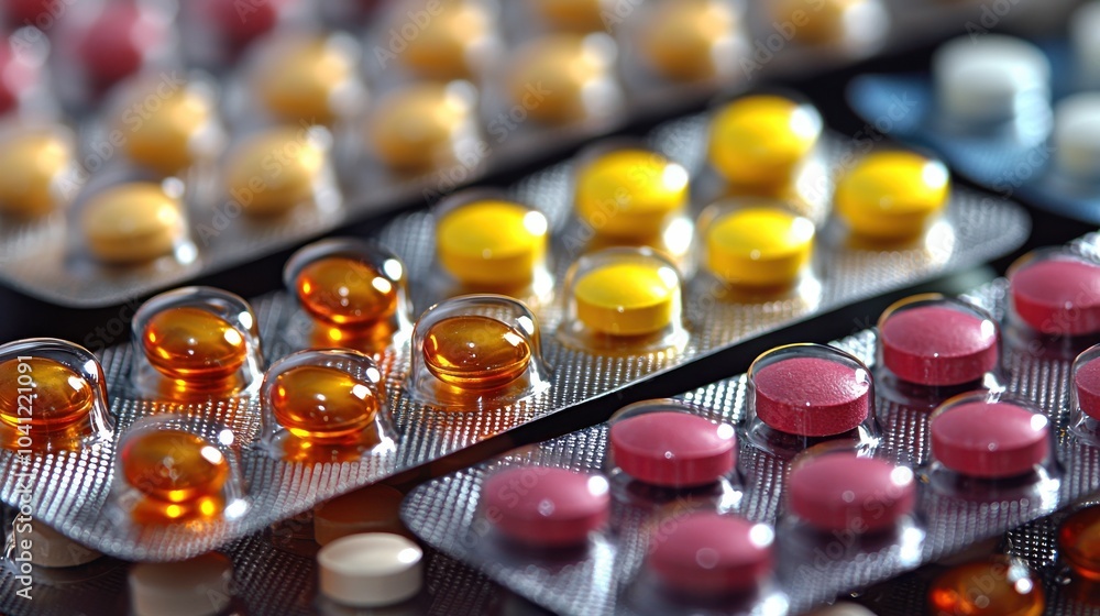Poster close-up view of assorted tablets and capsules arranged on a dark surface showcasing various colors 