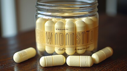 A collection of yellow capsules stored in a glass jar on a wooden surface, illustrating a common supplement or medication arrangement