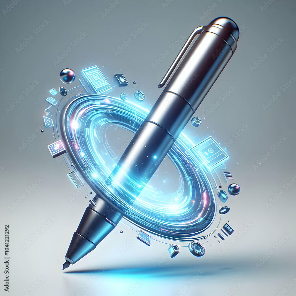 Poster 3d holographic stylus pen glowing ui mid air: sleek glossy design projects holographic interface sym