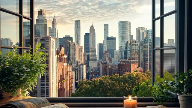 A city skyline view from a window with a lit candle and a book on the sill