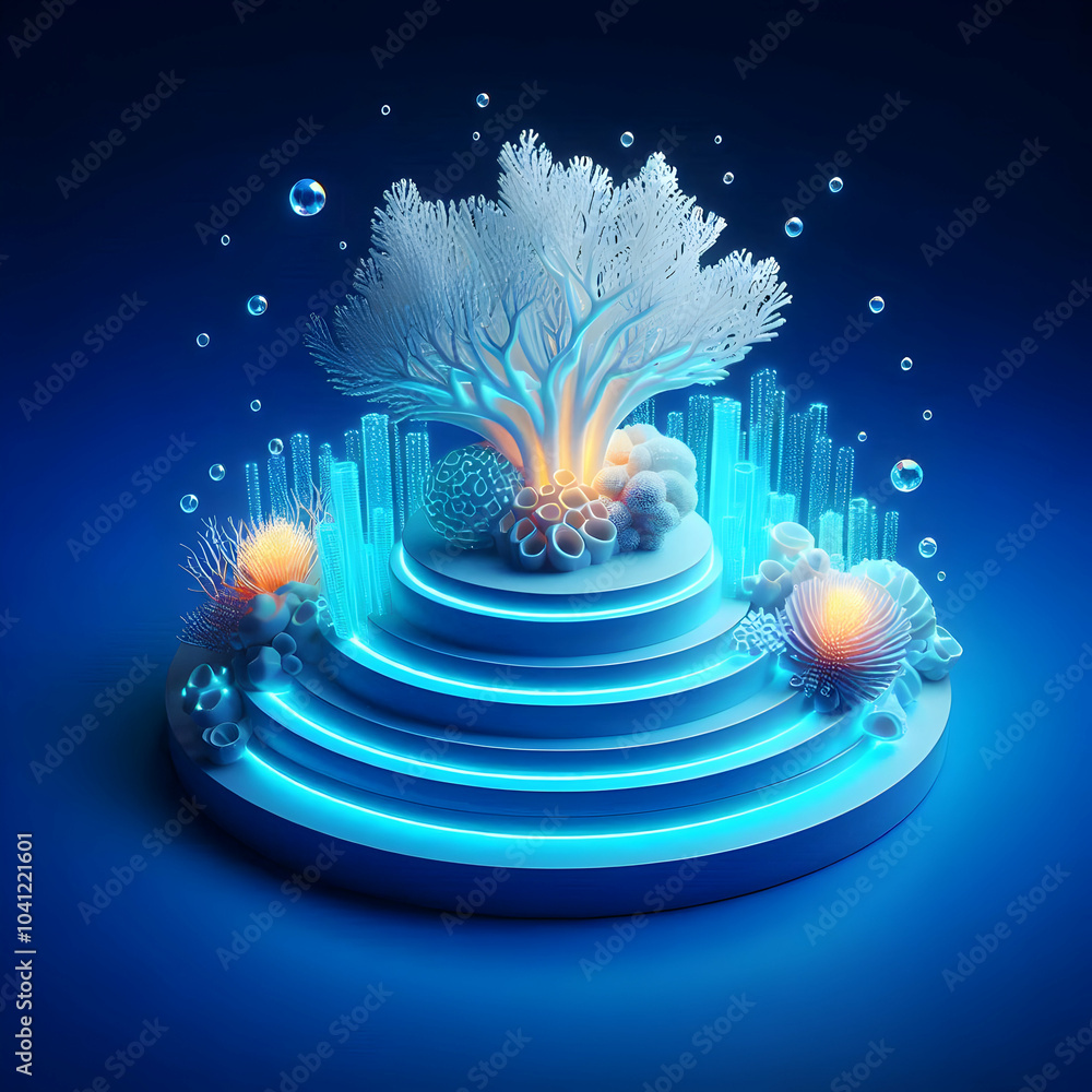Aufkleber 3d bioluminescent coral reef podium close up glowing elements concept mastery deep blue gradient bac