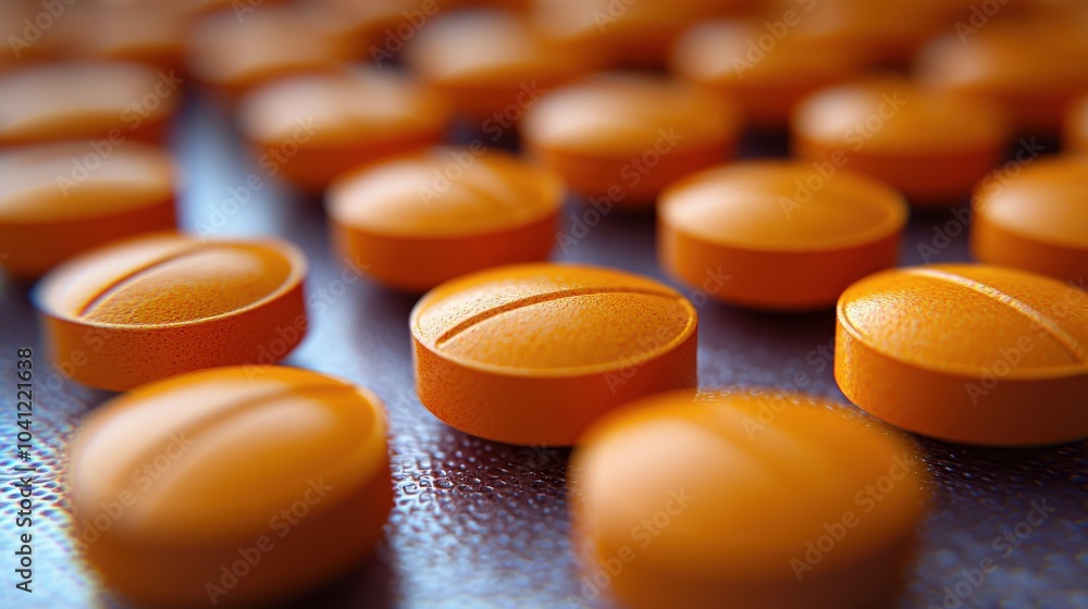 Poster close-up of orange tablets arranged neatly on a textured surface, highlighting their shape and color
