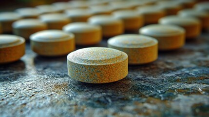 Close-up of yellow tablets arranged neatly on a textured surface, showcasing their shape and color under soft lighting