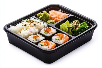 Delicious bento box featuring sushi rolls, rice, and pickled vegetables, perfect for a fresh and vibrant meal.