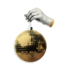 Hand holding golden disco ball  with halftone effect. Vector cut out sticker. Trendy modern collage design element on transparent background.