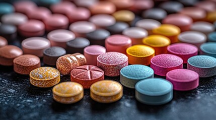A vibrant assortment of colorful pills and tablets arranged on a dark surface, highlighting their varied shapes and sizes during the day