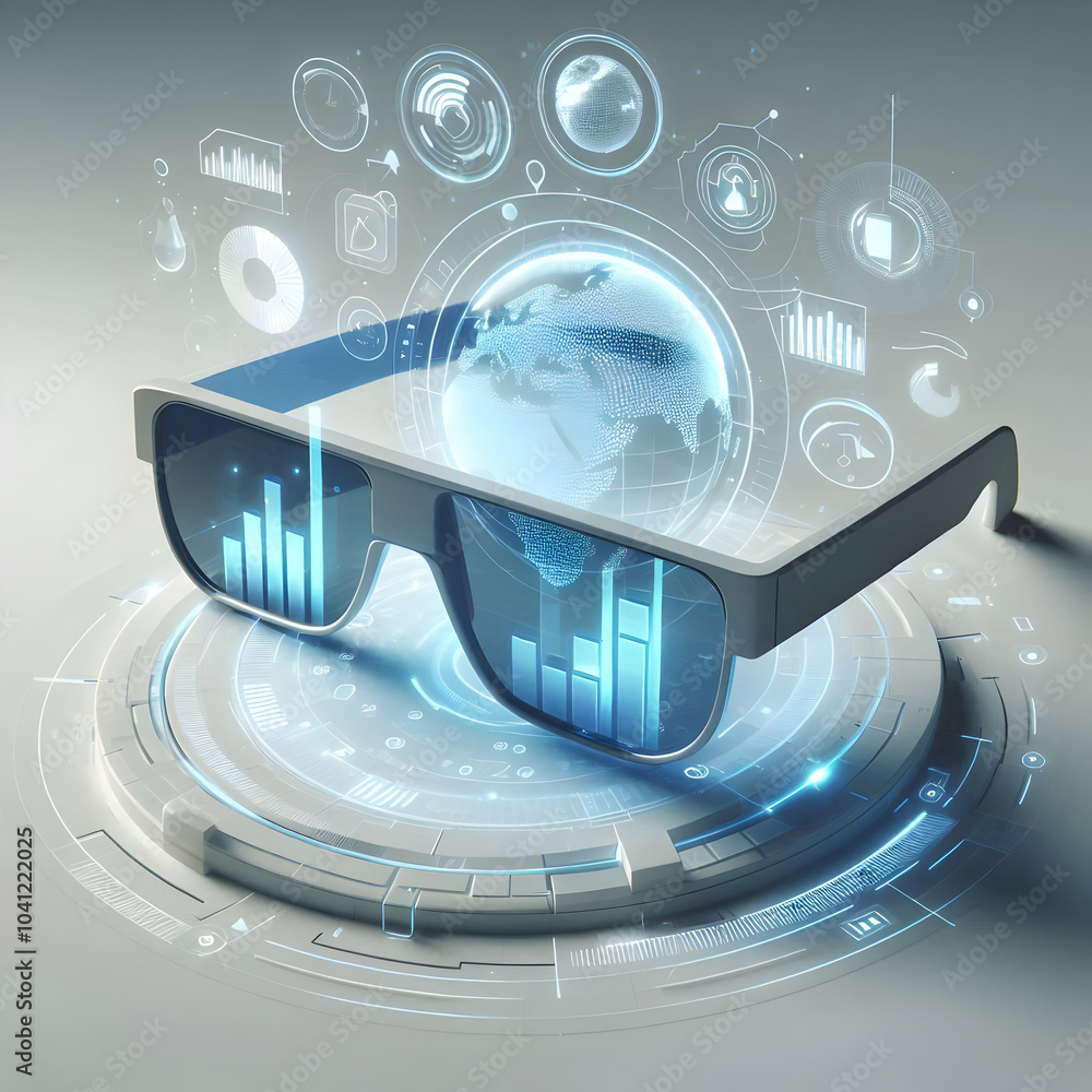 Poster futuristic 3d holographic glasses projecting data overlays | innovative visual tech with glowing cha