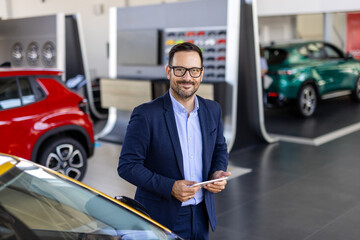 Good looking, cheerful and friendly salesman poses in a car salon or showroom and looks at camera.