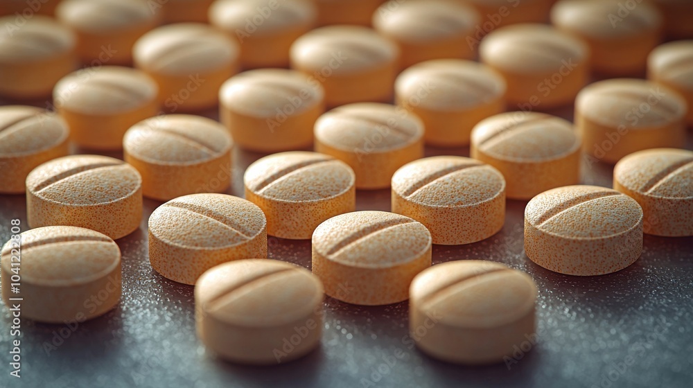 Poster rows of orange tablets arranged on a dark surface, showcasing their round shape and textured surface