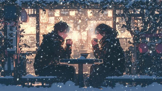 An anime couple enjoys the winter snow outside a cozy cafe, captured in a lo-fi style loop animation.