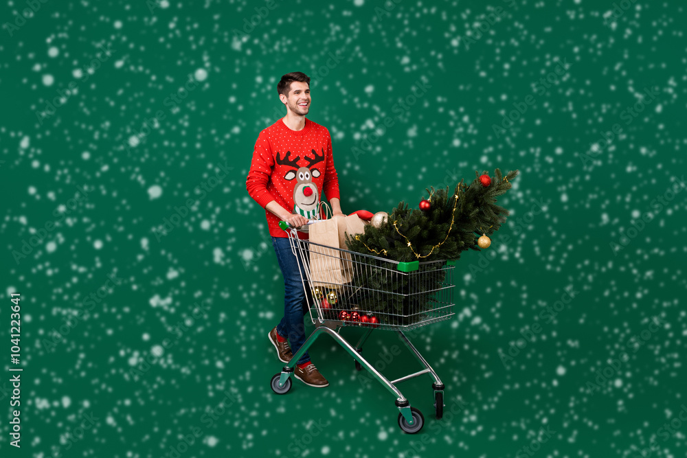 Poster full length body size view of attractive cheerful guy carrying fir tree shopping winter isolated ove