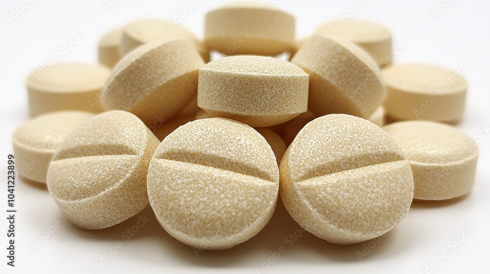 Poster close-up of beige tablets arranged in a cluster on a white background, highlighting their smooth sur