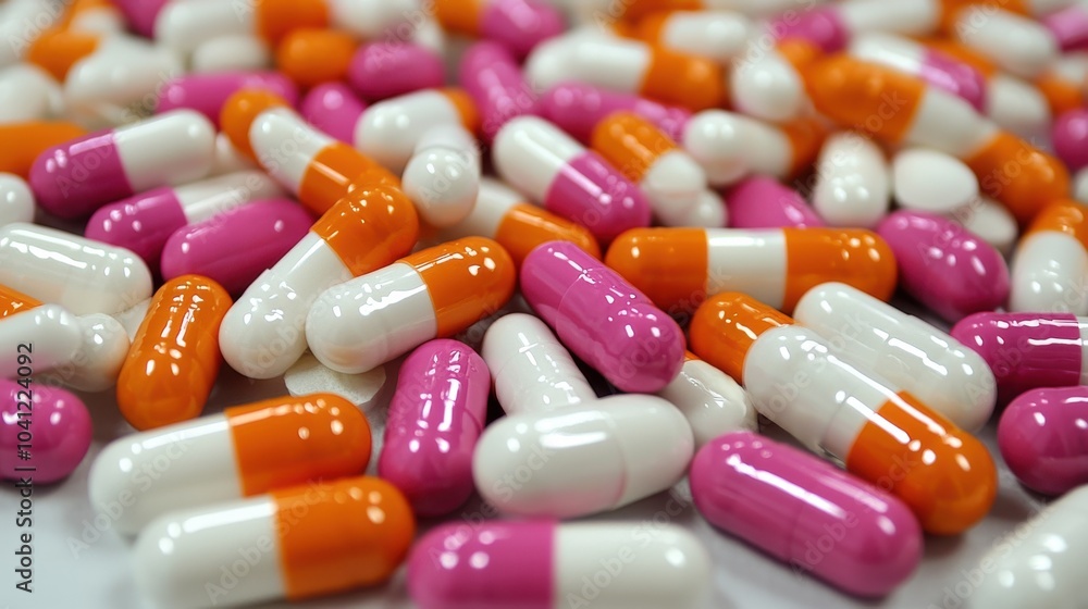 Poster colorful assorted capsules spilling on a surface in a well-lit setting, showcasing different sizes a