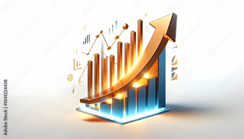 Poster 3d bar chart with glowing arrow - floating bar chart symbolizing growth trends, mastery in financial