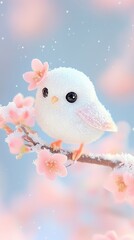 A small white owl sits on a finger, looking up at a pink flower. The Owl is covered in a light dusting of snow, creating a delicate and whimsical scene.