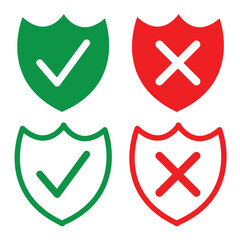 Shield icon with tick and cross mark. green red protected and unprotected symbol for app, ui, website. vector illustration on transparent background in eps 10.