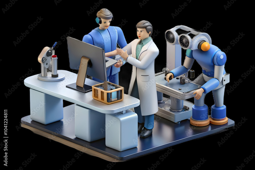 Poster engineers designing ai assisted manufacturing systems | high-tech lab environment shot with digital 