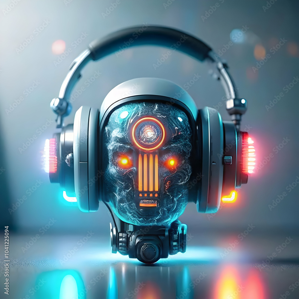 Poster close up macro shot of customer support headset with glowing ai symbol integrating ai technology in 