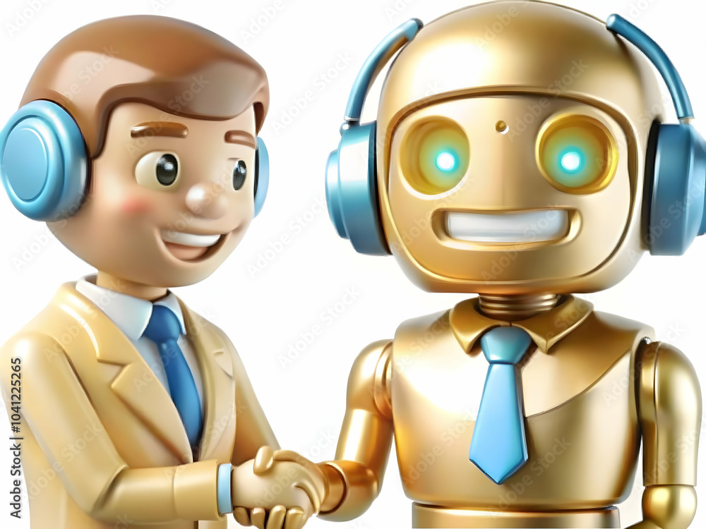 Poster glossy image ai robot customer service agent shaking hands collaboration customer support ample copy