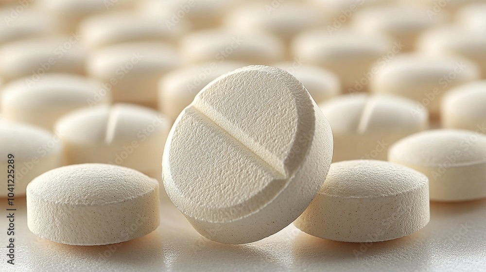 Poster white tablets with a split line on the surface displayed on a light background, showcasing the detai