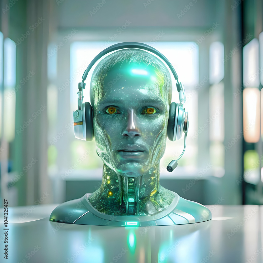 Poster close up ai hologram customer support headset macro image futuristic integration artificial intellig