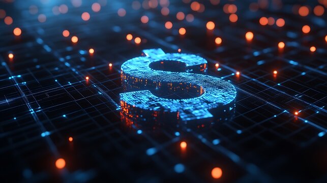 3D holographic dollar sign on a digital network grid A dollar sign hologram shines at the center of a dark