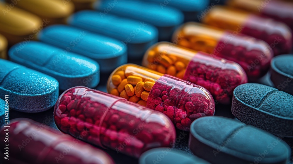 Poster assorted pills and capsules in vibrant colors arranged neatly on a surface highlighting various shap