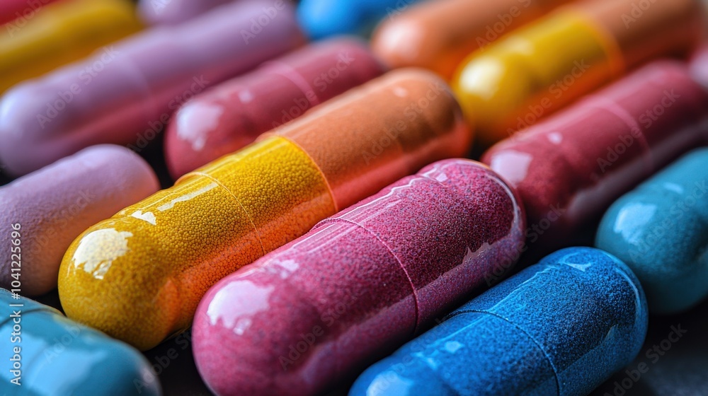 Poster colorful capsules arranged in a creative pattern on a flat surface, showcasing various sizes and vib
