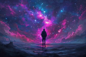Obraz premium A Solitary Figure Gazing at a Vibrant Starry Sky
