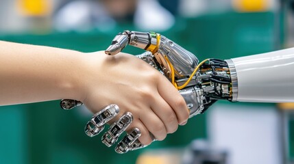 A human hand and a robotic hand shaking hands, symbolizing collaboration between technology and humanity.