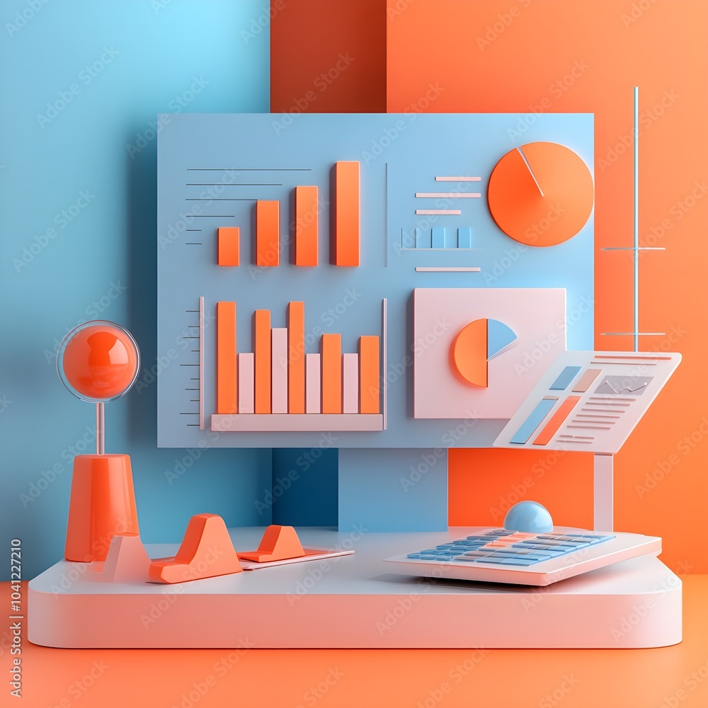 Poster abstract 3d render of business charts and graphs on a colorful platform