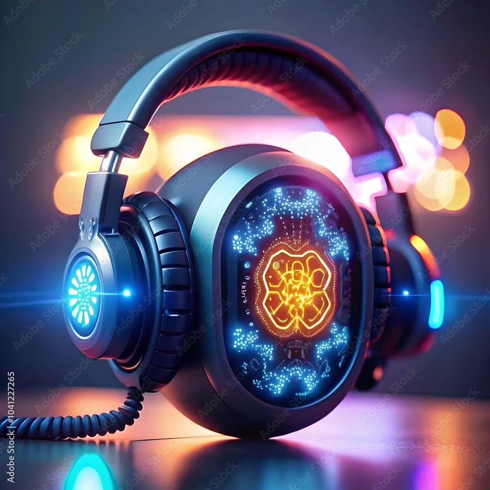 Poster close up headset with glowing ai symbol macro shot customer support integration of ai in services am