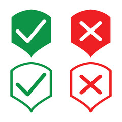 Shield icon with tick and cross mark. green red protected and unprotected symbol for app, ui, website. vector illustration on transparent background in eps 10.