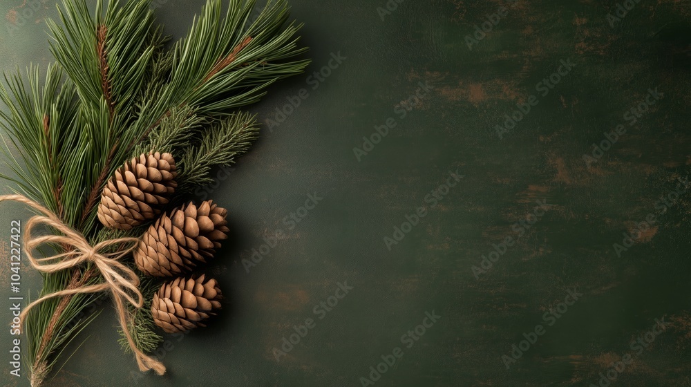 Poster three pine cones are tied together with a string. they are on a green background. the pine cones are